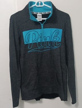 PINK Victoria's Secret Charcoal Gray Pullover with Teal Logo